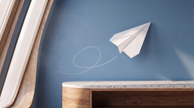 Crisply Folded White Paper Airplane Angled Upward Above Clean Blue Background with Chalk Flight