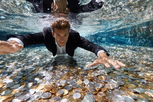 Man swims through a pool of coins while wearing a suit in an underwater setting