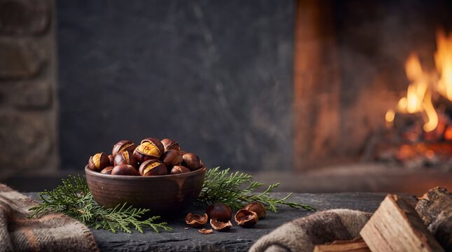 Stoneware Bowl of Roasted Chestnuts with Cedar Sprigs on Dark Hearth Christmas Banner for