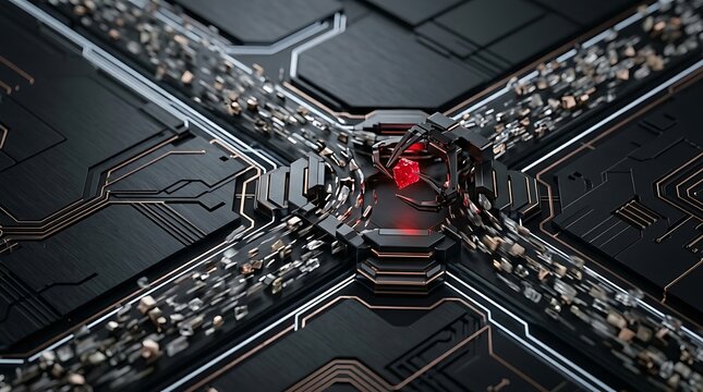 Abstract futuristic black circuit board with glowing red light and complex metal mechanical parts