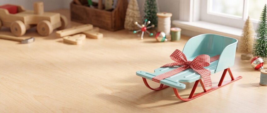 Pastel Aqua Blue Metal Sled Ornament with Retro Ribbon on Blonde Wood Christmas Banner