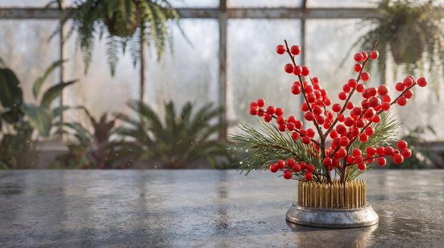 Antique Zinc Flower Frogs Holding Single Winterberry Stems on Potting Table Christmas Banner for