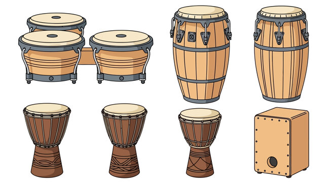 Diverse collection of hand drums and percussion instruments.