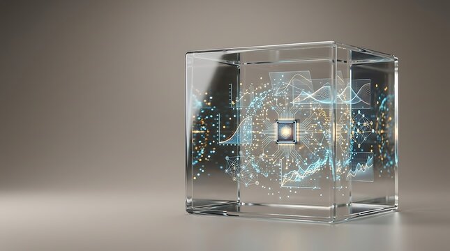 Abstract glass cube with glowing electronic circuit board and computer processor chip inside