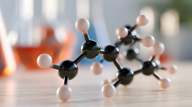 A detailed molecular model with black and white spheres connected by rods  placed on a wooden surface with blurred lab equipment in the background