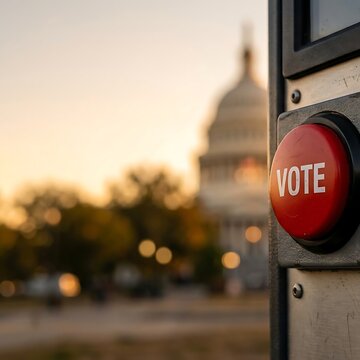 Red vote button with us capitol building in background