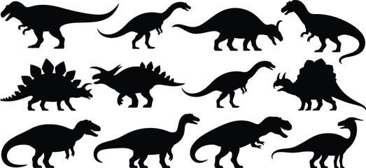 Assorted black silhouettes of various prehistoric dinosaurs, including t-rex, stegosaurus, and triceratops, isolated on a white background, for educational use © MDMOJNU