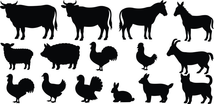 Assortment of black silhouettes of farm animals including cows, sheep, pigs, goats, chickens, turkeys, and rabbits isolated on a white background for