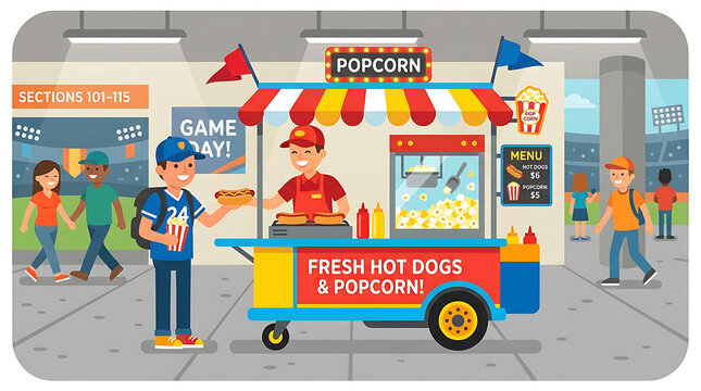 A happy vendor serving a customer at a colorful hot dog and popcorn concession stand in a sports stadium