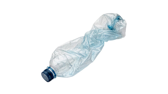 Crumpled empty clear plastic water bottle isolated on transparent background