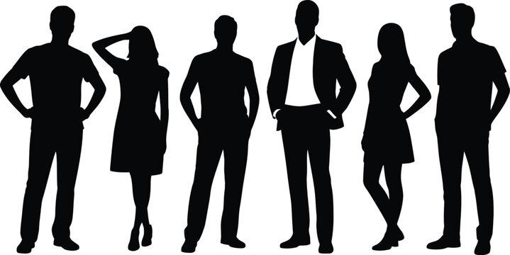 Group of six black silhouettes of diverse men and women standing together in a row, isolated on a white background, featuring various poses and clothing styles