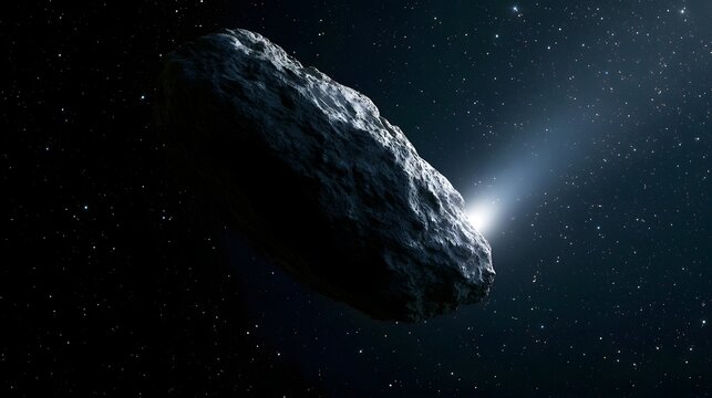 A large rocky celestial body with a bright glowing tail drifts through a star filled deep space environment