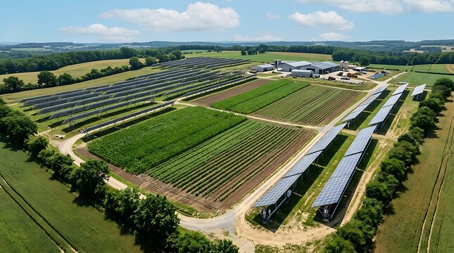 Aerial view of a large solar farm with photovoltaic panels installed in a green rural field on a sunny day