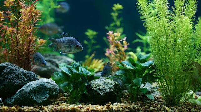 A vibrant aquarium scene with colorful aquatic plants  smooth rocks  and small fish swimming gracefully in clear water