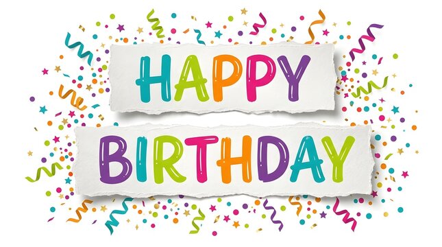 Bright colorful happy birthday foil balloons with a vibrant confetti background for a special celebration