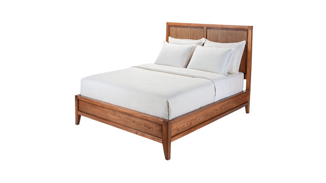 Double wooden bed with white sheets isolated on transparent background