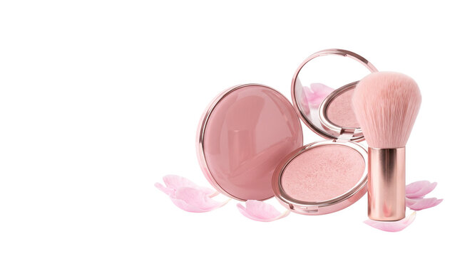 Pink makeup powder compact with brush, elegant cosmetic set with rose petals, luxury beauty products on white background
