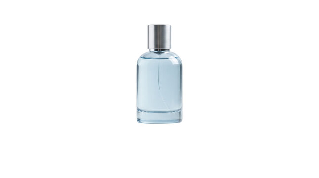 Minimalist perfume bottle with blue liquid, elegant glass fragrance spray on white background, luxury cologne packaging mockup