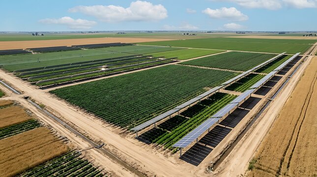 Aerial view of large solar power plant farm with rows of black photovoltaic panels installed in a rural agricultural field under a bright blue sky