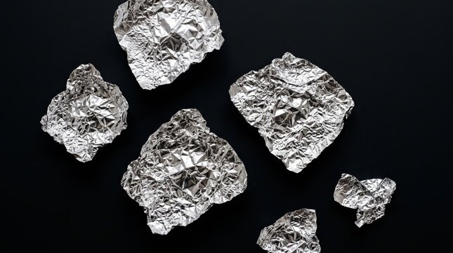 Abstract texture of crumpled aluminum foil balls scattered on black, shiny silver metallic surface with complex wrinkles and reflections, representing recycling concepts