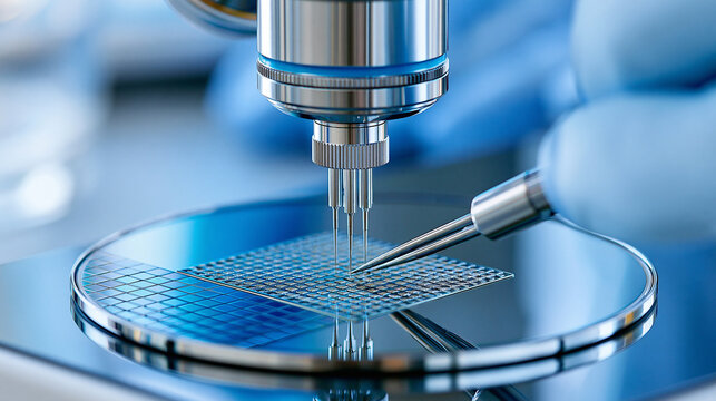 Semiconductor wafer positioned beneath precision testing probes inside a laboratory, integrated circuit testing, chip inspection, electronics engineering, quality assurance,