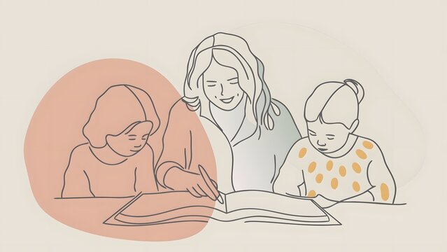 Family education and homeschooling support systems. Child development and reading comprehension. Mother helping young kids study and write in a book at a table in a home environment