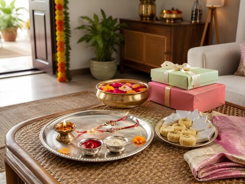 Festive Living Room Setup with Urli Bowl and Gift Boxes on Rattan Table