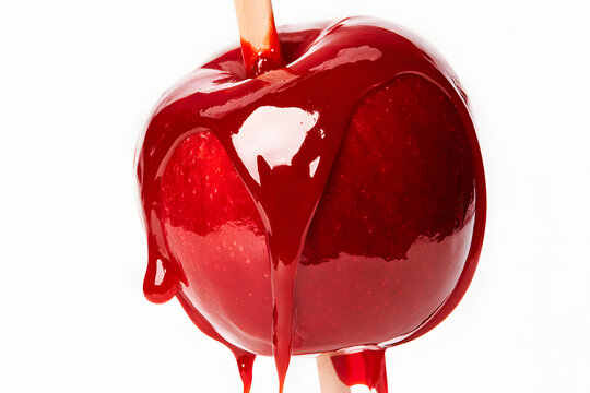 A glossy red candy apple with a shiny sweet glaze on a white background