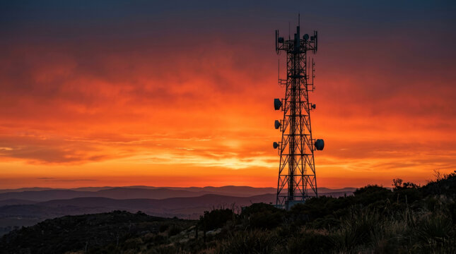 Silhouette of telecommunication tower with antennas against dramatic orange sunset sky. Mobile network communication base station on hill. 5g wireless technology and internet connection concept
