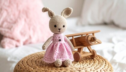 Fototapeta premium Cute Easter Bunny Plush Toy Sitting in a Basket of Colorful Eggs, Adorable Stuffed Rabbit Decoration for Easter Holiday Celebration and Children's Gift Concept