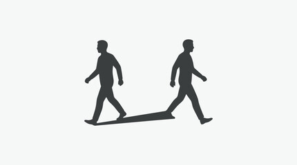 Fototapeta premium Silhouetted man walking is connected to his second self by a long cast shadow on white background.