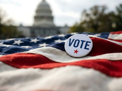 Vote button on american flag with us capitol building