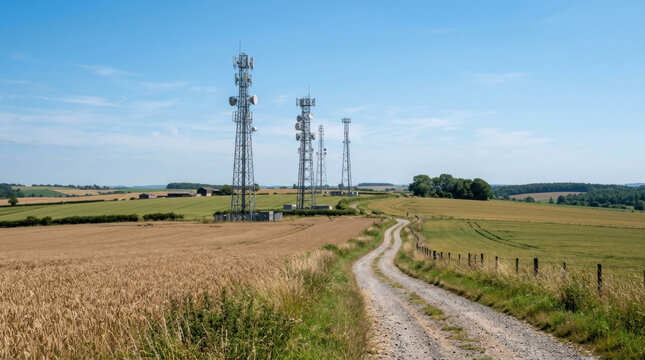 Telecommunication towers with antennas standing in rural countryside among farm fields and dirt road. Cellular network infrastructure for 5g wireless