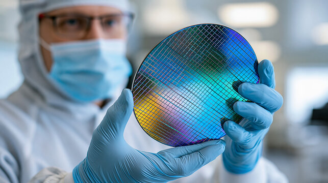 Faceless cleanroom technician examining a colorful silicon wafer during semiconductor quality inspection, chip manufacturing, electronics engineering, precision technology,