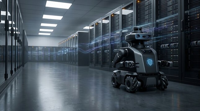 Autonomous security robot patrolling a modern data center server room with computer racks and glowing blue indicators