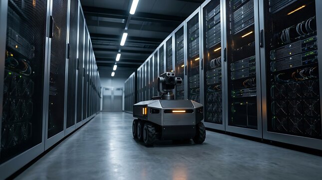 Autonomous security robot patrolling inside a high tech server room data center