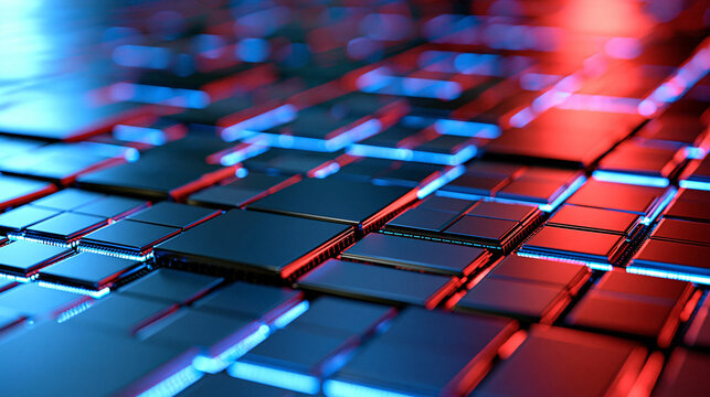 Silicon wafer covered with microchips illuminated by contrasting blue and red lights, semiconductor manufacturing, integrated circuits, advanced electronics, futuristic