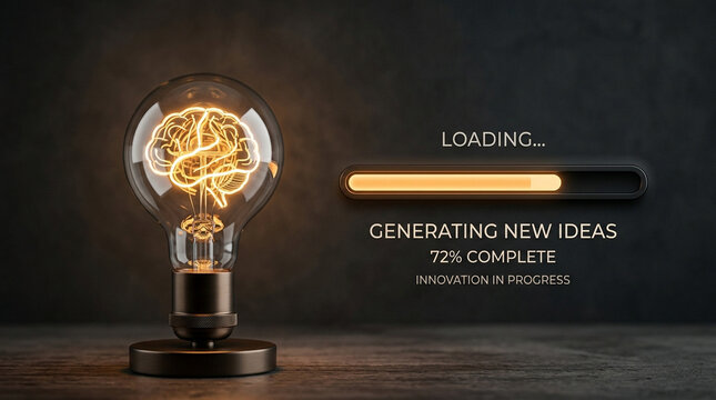 Glowing vintage light bulb with progress loading bar at 70 percent, symbolizing creativity and idea generation