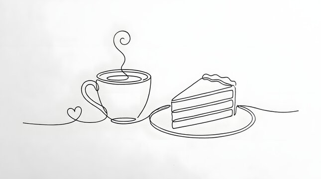 Minimalist Line Drawing of Coffee Cup and Slice of Cake on Plate