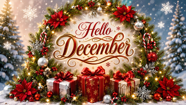 Hello december festive greeting card with glowing christmas wreath red poinsettia flowers and gift boxes