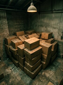 Pile of cardboard boxes stacked under a single hanging lamp in a dim brick warehouse corner