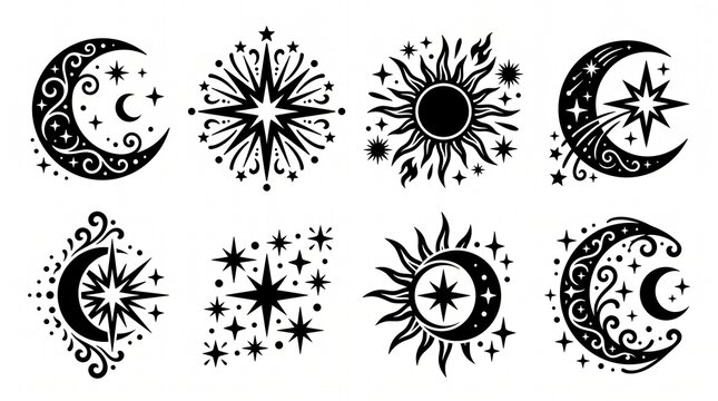 Celestial moon and sun vector silhouette icons collection for SVG laser cut