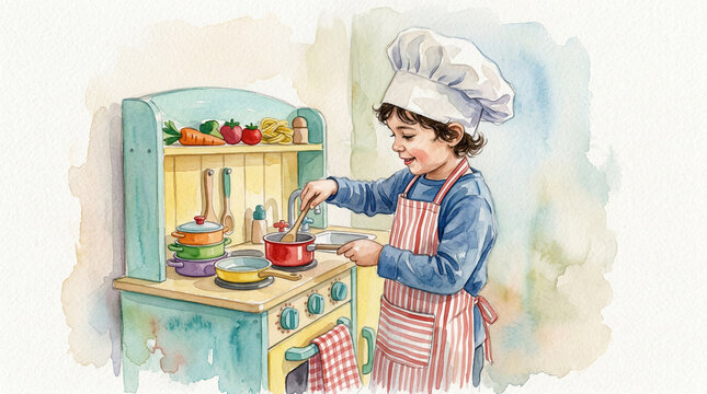 Young boy cooking with toy kitchen and chef hat at home  