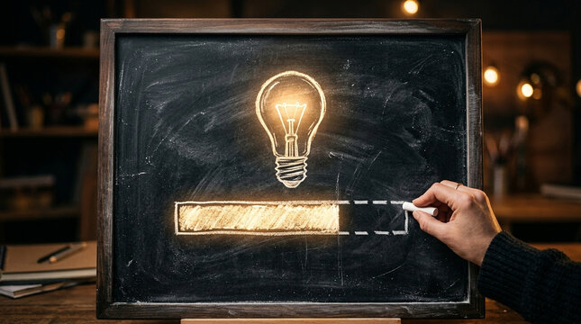 Glowing vintage light bulb beside loading progress bar on blackboard representing idea development
