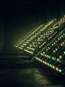 Rows of small green and amber indicator lights receding into deep darkness on dark hardware
