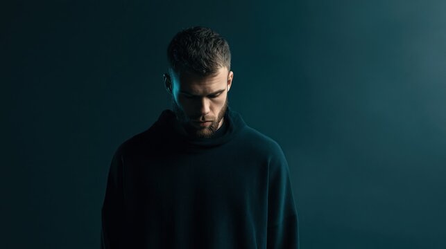 Contemplative Man Portrait with Teal Background