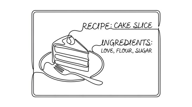 Line Drawing of Slice of Cake on Plate with Fork and Recipe Sign