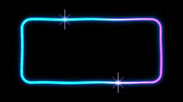 Neon glowing rounded rectangular frame with sparkles on a dark grid background 4k video animation
