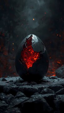Glowing dragon egg hatching with burning lava cracks inside a dark cave
