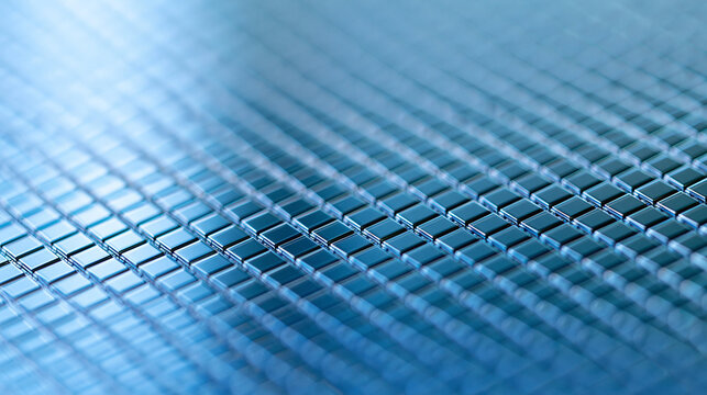 Close-up of a silicon wafer densely populated with integrated circuit dies, semiconductor production, microchip manufacturing, electronics industry, computer hardware, cleanroom